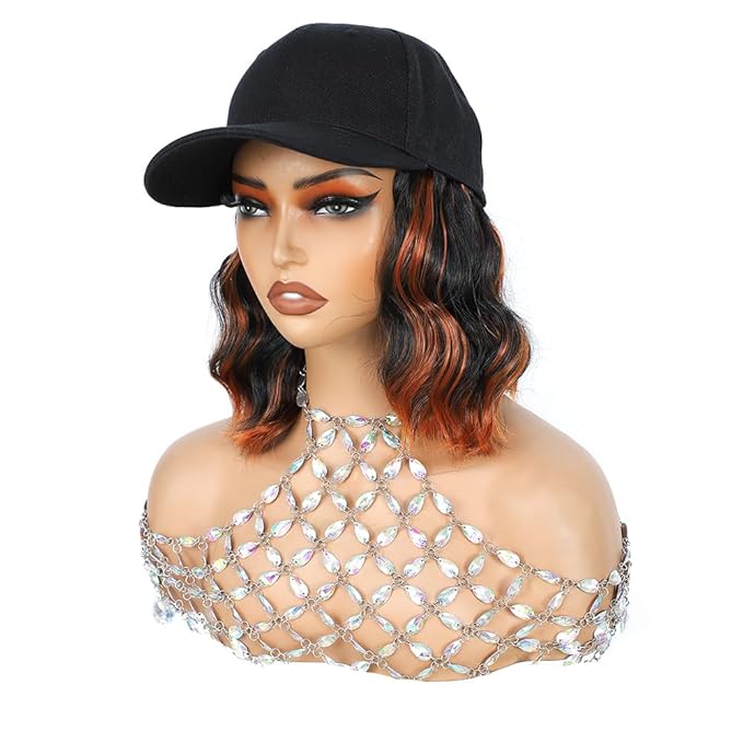 GUOJIAN Hat Wigs for Women 6' Short Wave Baseball Cap Wigs with Curly Hair Extensions Synthetic Wave Wig Adjustable Hat with Hair Attached for Daily Use (1B/350, 6inch)