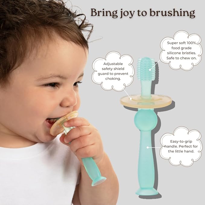 haakaa 360° Silicone Baby Toothbrush – 100% Soft Food Grade Silicone, BPA-Free, Suction Base, Safe for Babies 6 Months+, Gentle Gum and Teeth Cleaning for Infants, Gum Massager (Bubble Pink)