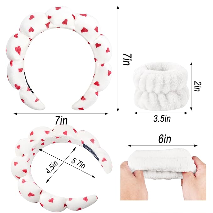 Zkptops Spa Headband for Washing Face Wristband Set Sponge Makeup Skincare Velvet Fabric Bubble Soft Get Ready Hairbands for Women Puffy Headwear Non Slip Thick Thin Hair Accessory (Red Heart)