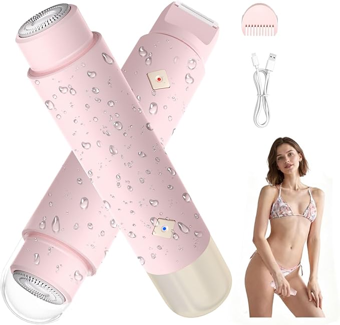 2 in 1 Bikini Trimmer for Women, Painless Waterproof Electric Razors for Women, Dual Head Travel Electric Shaver for Facial Legs Armpits Body Hair Remover, Rechargeable Pubic Hair Trimmer, Pink
