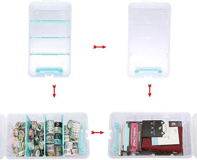 BTSKY Clear Plastic Dividing Storage Box with 4 Deep Compartments Adjustable Storage Bin with Lid Portable Craft Storage Container Multipurpose Sewing Box Art Supply Organizer, 13.9x7.9x6.2 Inches