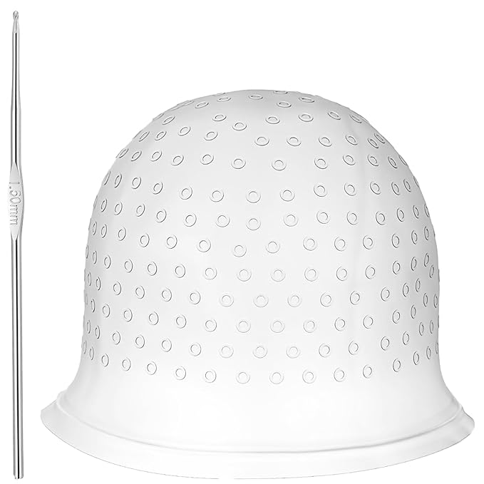 Sibba Silicone Hair Coloring Highlighting Cap with Crochet Hook Reusable Poked Hole Highlight Pull Through Caps Dye Tipping Frosting Cap for Women Men Dyeing Staining Hairdressing Hair Salon Tools