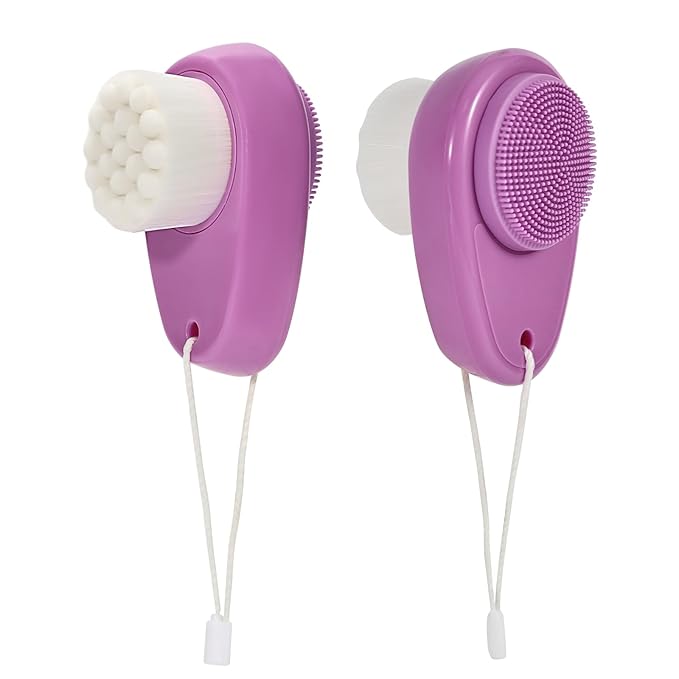 Facial Cleansing Brush 2 Pack, 2 in 1 Silicone Face Scrubber for Men Exfoliating Pore Deep Cleansing, Dual Sided Face Wash Brush with Soft Bamboo Charcoal Microfiber and Lid for Women, Purple