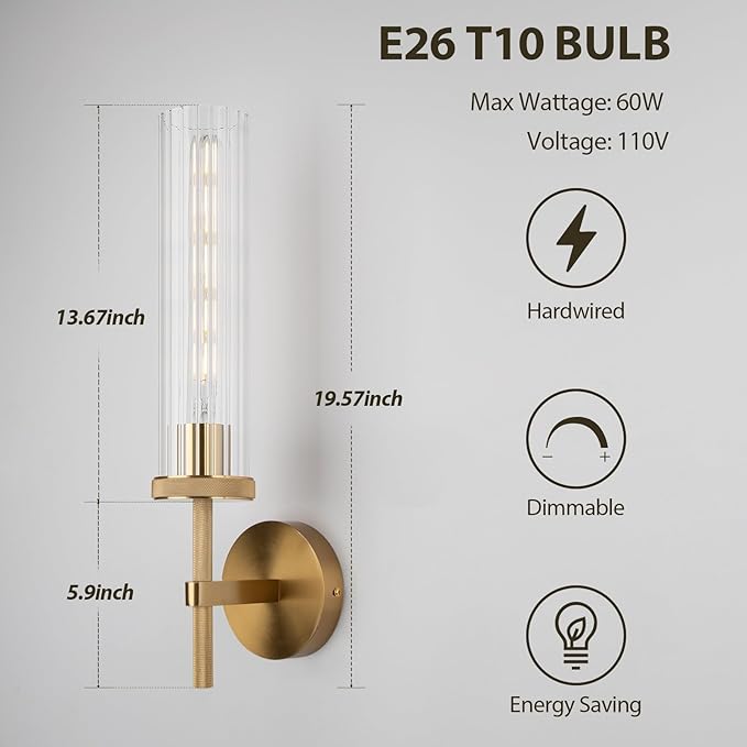 19.5" Knurled Gold Hardwired Wall Sconces Set of 2, Bathroom Vanity Light Fixtures with Vertical Striped Glass Tube, Modern Lamp Lighting for Bedroom, Living Room, Hallway, Staircase, Mirror, Kitchen