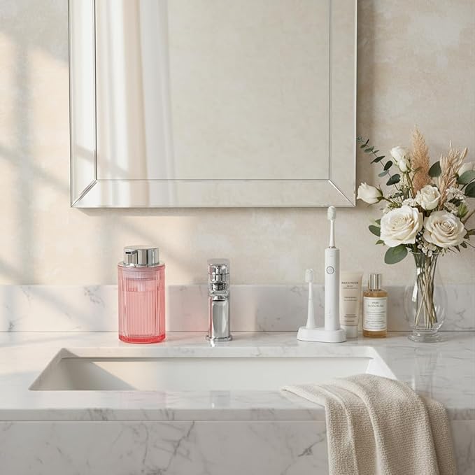 Foaming Soap Dispenser, 12 Oz Pink Glass Foam Hand Soap Dispenser, Refillable Glass Foam Pump Bottle Container Decorative Slim Ribbed Bottle for Bathroom and Kitchen