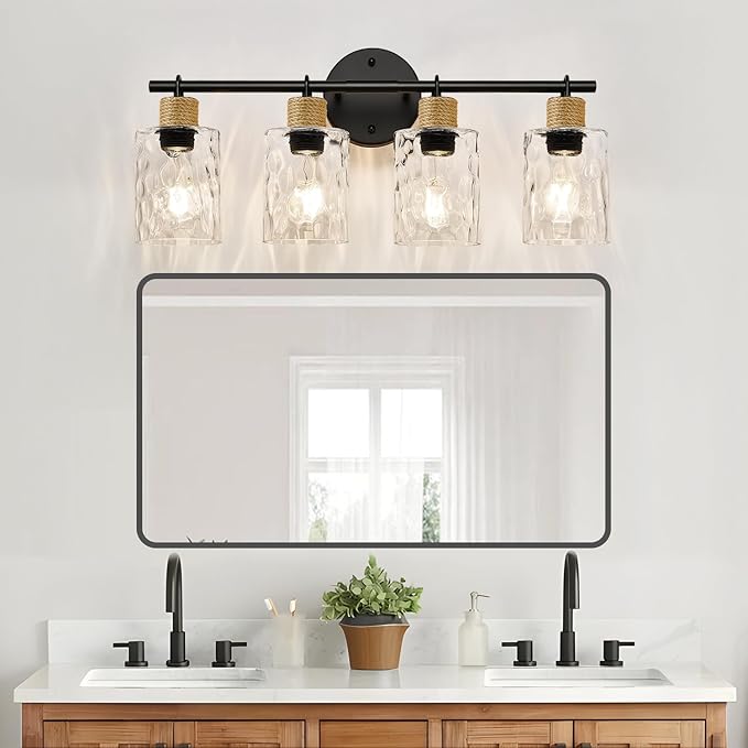 Bathroom Light Fixtures, 4-Light Coastal Vanity Lights with Crystal Glass Shade, Black Bathroom Wall Lamp for Mirror Kitchen Hallway Cabinet