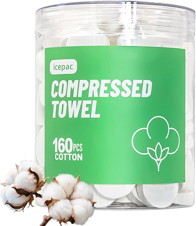icepac Compressed Towels, Camping, Disposable Face Compressed Towels, Magic Towel, Compressed Towel for Travel, Camping,Hiking (8x9in) (White 160)