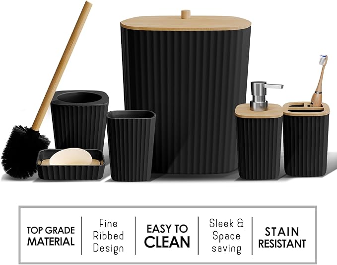 Clara Clark Bathroom Set - Black Bathroom Accessories Set, 6PC Bathroom Accessory Set, Bathroom Sets with Adhesive Corner Shower Caddy Hanging, Toilet Brush, Trash Can & Soap Dispenser
