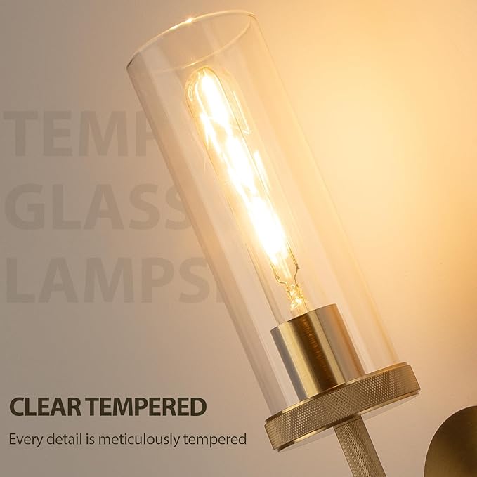 15" Knurled Gold Hardwired Wall Sconces Set of 2, Bathroom Vanity Light Fixtures with Clear Glass Tube, Modern Lamp Lighting for Bedroom, Living Room, Hallway, Staircase, Mirror, Kitchen