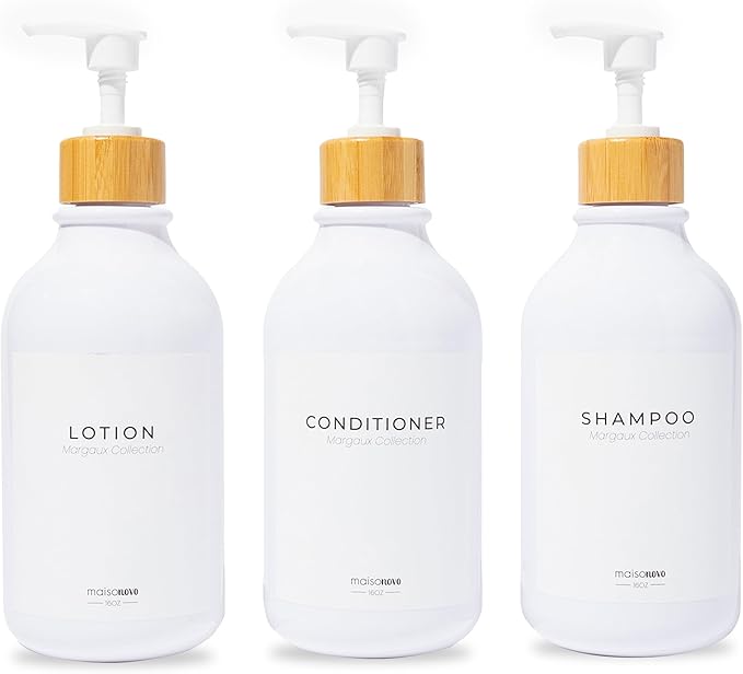 MaisoNovo Refillable Shampoo and Conditioner Bottles - 16.9 fl oz Set of 3 White Plastic Bottles White Bamboo Pumps