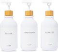 MaisoNovo Refillable Shampoo and Conditioner Bottles - 16.9 fl oz Set of 3 White Plastic Bottles White Bamboo Pumps