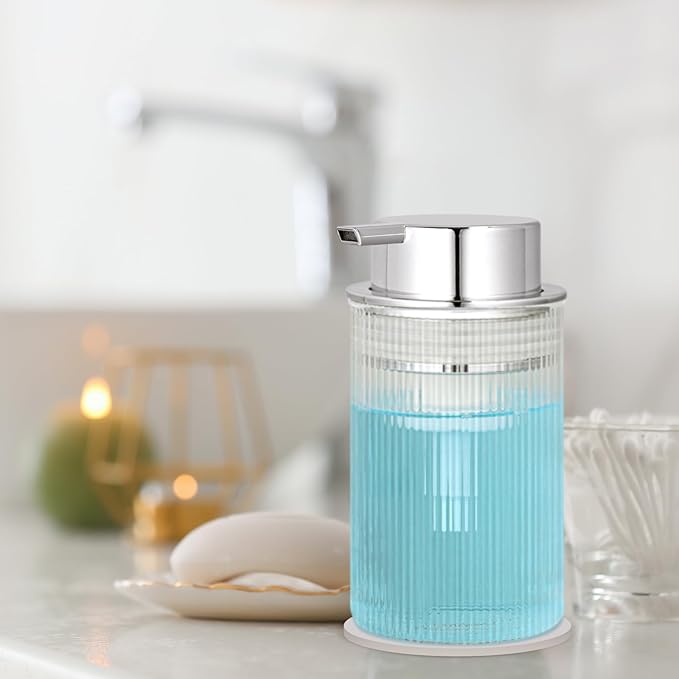 NiHome 14oz Ribbed Glass Foaming Hand Soap Dispenser, High-Capacity Easy to Refill for Home & Commercial Use, Clear Foaming Soap Dispenser for Bathroom, Kitchen with Large Foam Pump & Non-Slip Mat