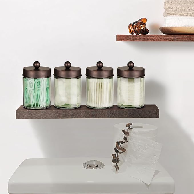Amolliar Sage Green Qtip Holder, Glass ApothecaryJar Metal Lid & Stickers, Bathroom Qtip Holder Storage Canister, Farmhouse Decor for Cotton Balls, Swabs, Makeup Pads, Bath Salt, Floss, Bronze 2 Pack