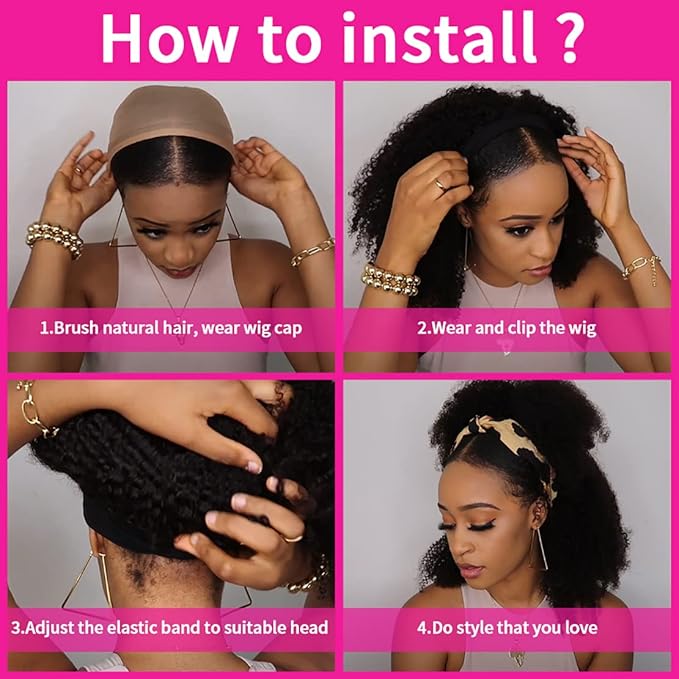Aiterina Human Hair Wig - Deep Wave, 16 Inch, Headband, Curly, Machine Made, Non Lace Front for Women - Natural Color