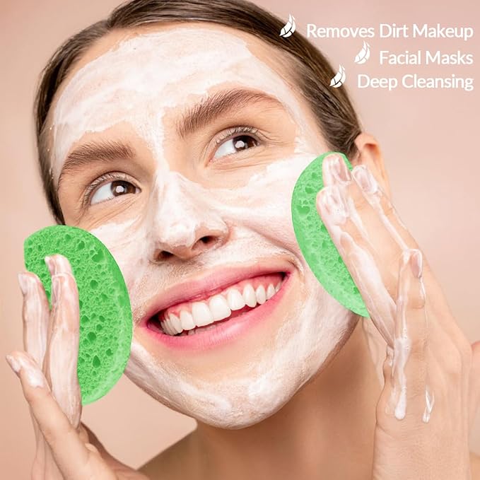 50-Count Facial Sponges Compressed Natural Cellulose Sponge Round Shape Face Sponge for Face Cleansing Exfoliating and Makeup Removal, Green