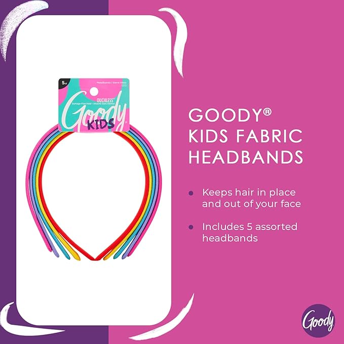 Goody Kids Ouchless Classic Headband , Assorted Colors - For All Hair Types - Beautiful Design for Instant Style - Pain-Free Hair Accessories for Boys, and Girls, 5 Count (Pack of 1)