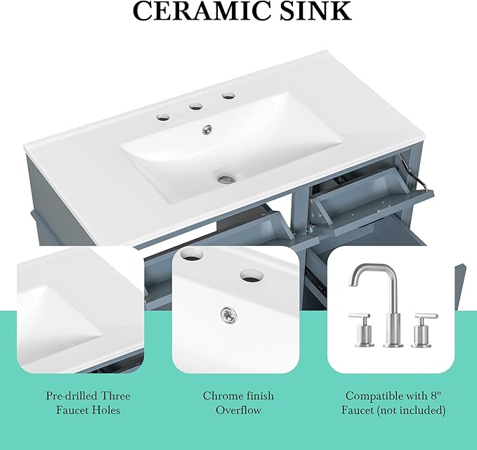 Harper & Bright Designs 36" Bathroom Vanity with Sink, Free Standing Vanity Set with 4 Drawers, Storage Racks, and Adjustable Shelf, Wood Bathroom Cabinet with Ceramic Basin for Bathroom, Blue Grey