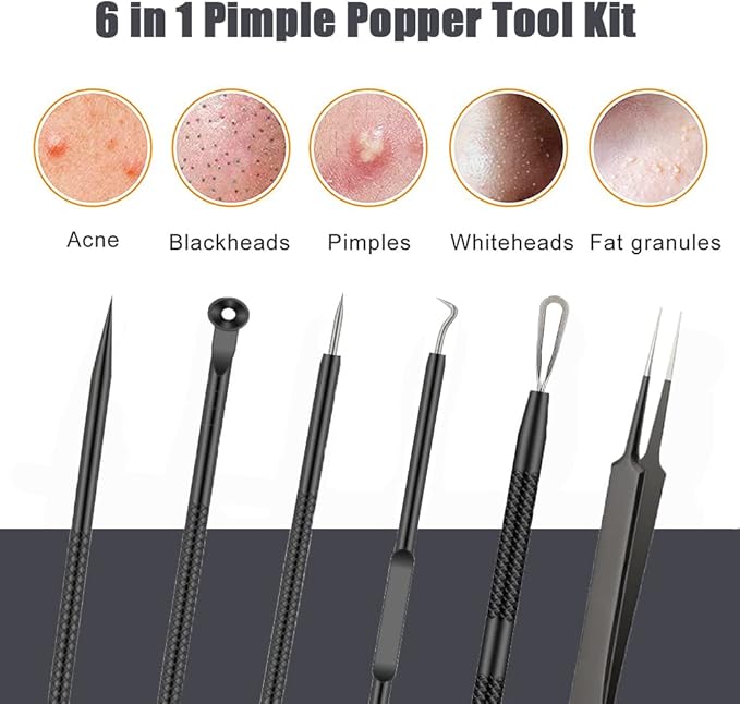 Pimple Popper Tool Kit, 6 Pcs Blackhead Remover Acne Needle Tools Set Removing Treatment Comedone Whitehead Popping Zit for Nose Face Skin Blemish Extractor Tool - Black