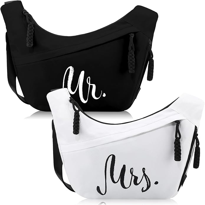 2 Pcs Wedding Gift Mr Mrs Crescent Bag Mr Mrs Travel Sling Crossbody Bag with Adjustable Strap for Bride Groom Couple Bridal Shower Engagement Bachelorette Party Honeymoon Gifts, Black White