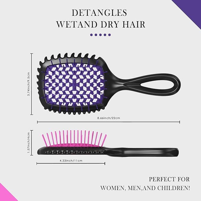 Detangler Brush – 2 Pack Vented Hair Brush for Wet/Dry Hair – Easy, Pain-Free Detangler Brush Reduces Knots & Breakage – For Curly, Straight, Thick or Fine Hair – Women, Men & Kids (Pink+Purple)