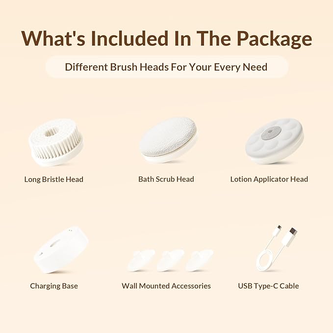 Electric Body Brush Back Scrubber for Shower, Waterproof Long Dual Handle Power Body Scrubber with 3 Heads, Bath Brush & 2 Speeds, for Cleansing, Exfoliating and Massaging Skin, Milk White