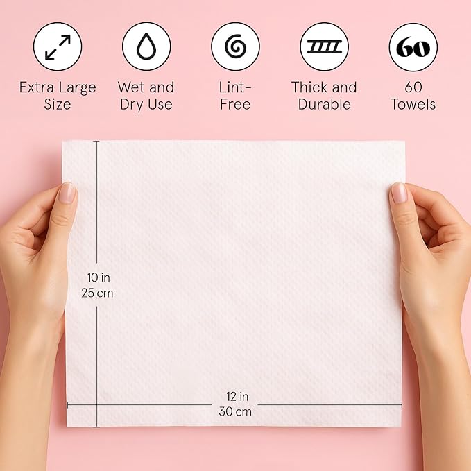 grace & stella Face Towels Disposable - Travel Essentials - Ultra-Soft & Absorbent Face Wipes Towelettes - XL Facial Towels for Cleansing & Makeup Removal - Lint-Free Facial Tissue - Vegan (60 Count)