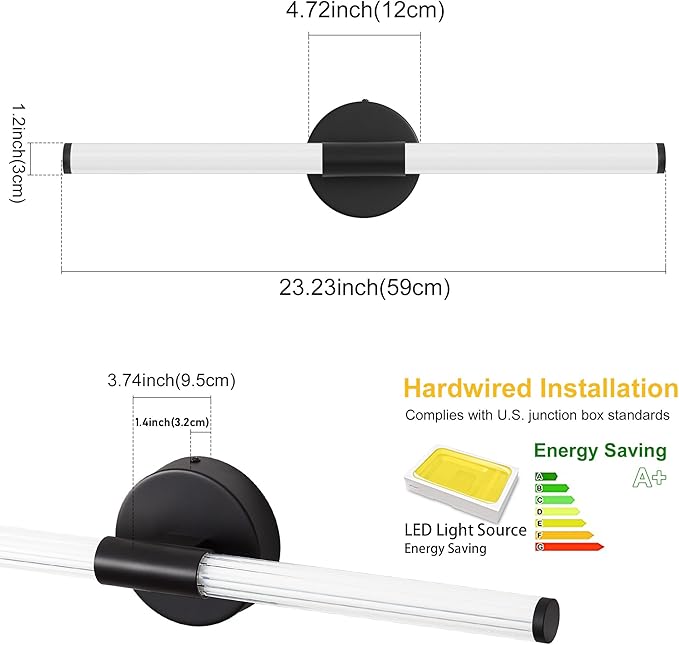 Bathroom Wall Sconces Set of 2 Hardwired, Dimmable 5CCT LED Bathroom Light Fixtures Over Mirror, 360° Full Lighting 23 inch Black Vanity Light Bar Modern Wall Sconce for Bedroom Living Room