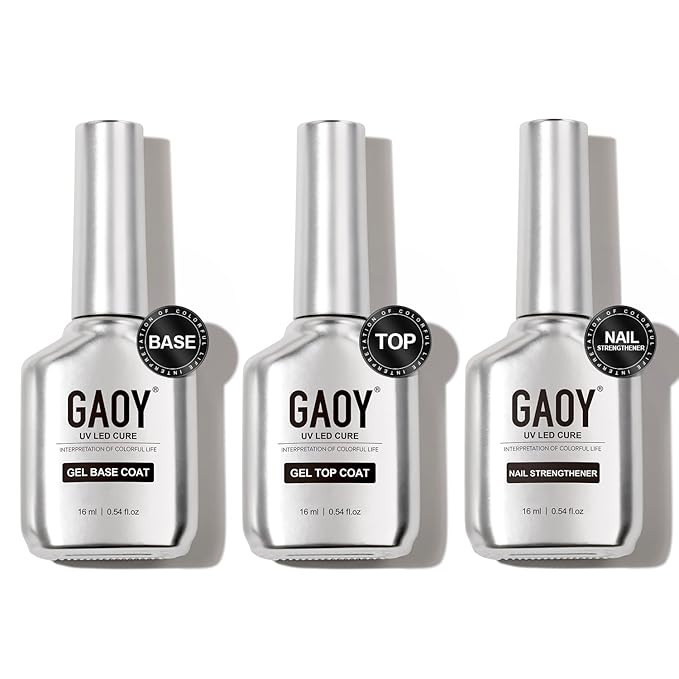 GAOY Gel Top Coat, Nail Strengthener and Base Coat Set, 3 Pcs 16ml Clear Glossy No Wipe Combination for UV Light Cure Gel Nail Polish