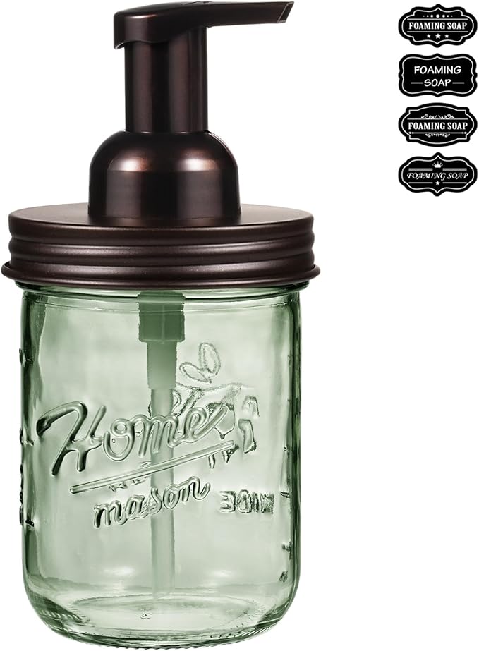 SheeChung Mason Jar Foaming Soap Dispenser, Stainless Steel Lid, BPA Free Pump, Green Glass Foam Hand Soap Dispenser, 16Oz Refillable Liquid Foam Dispenser Bottle, Bathroom Kitchen, Dish Soap-Bronze