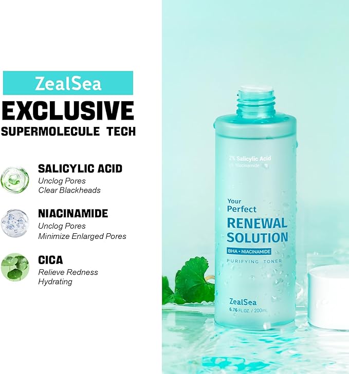 ZealSea Salicylic Acid Toner, Blackhead Remover, BHA Liquid Exfoliant (CICA, 6.76OZ), Pore Minimizer for Face, Gentle Alcohol Free BHA Toner for All Skin Type with Niacinamide, Redness Relief, Vegan