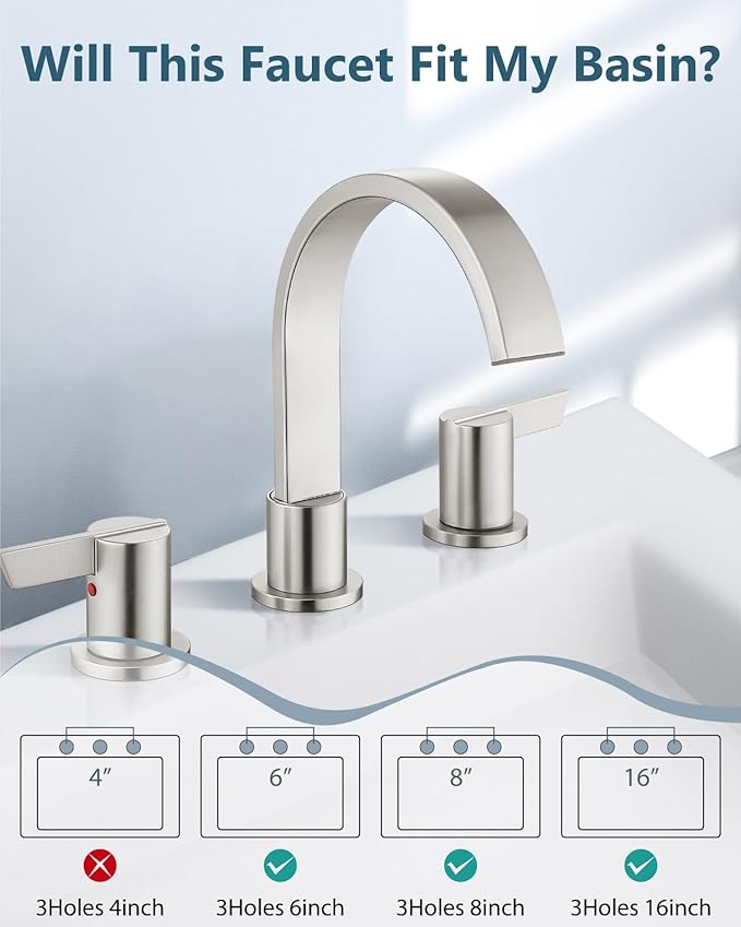 Aolemi Bathroom Faucets 3 Hole,8 Inch Widespread Waterfall Bathroom Sink Faucet,2 Handles Vanity Faucet with Pop-up Drain and Supply Hose,Brushed Nickel