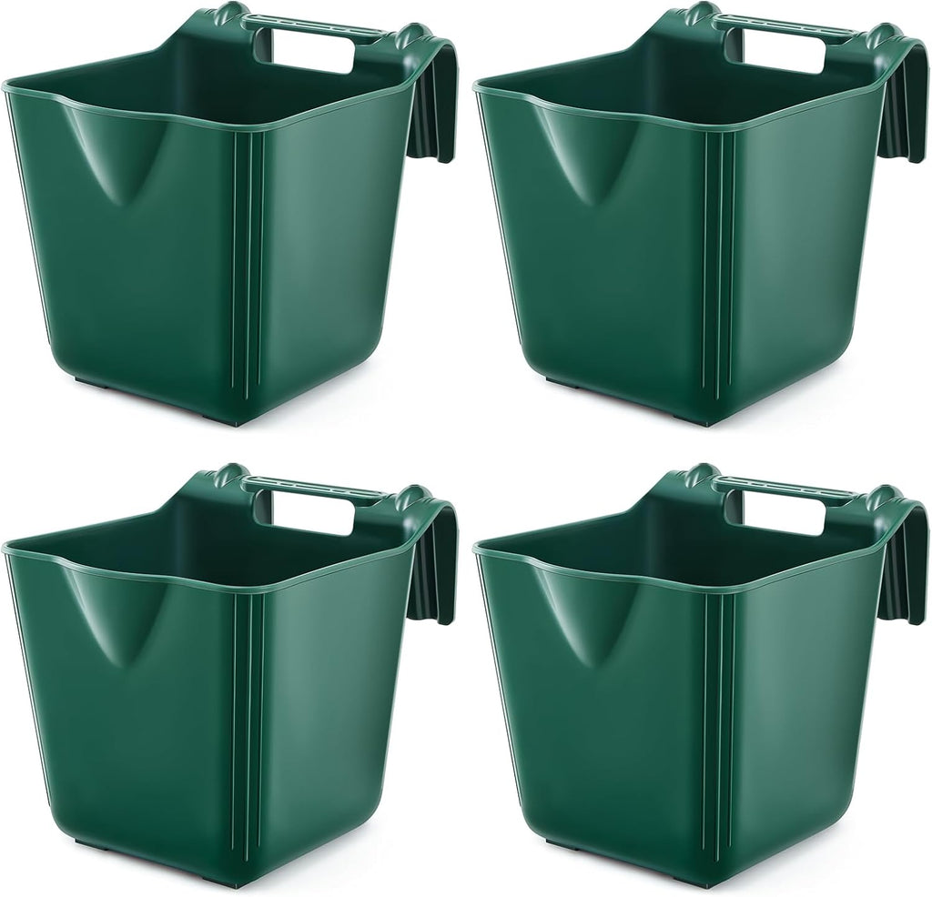 4 Pack 15 Quart Horse Feeders for Stall Hook Over Hanging Fence Hay Feeder Mountable Livestock Plastic Feed Bucket for Farm Stalls Pasture, Stable to Feed Horses Sheep Cattle Cows Etc(Green)
