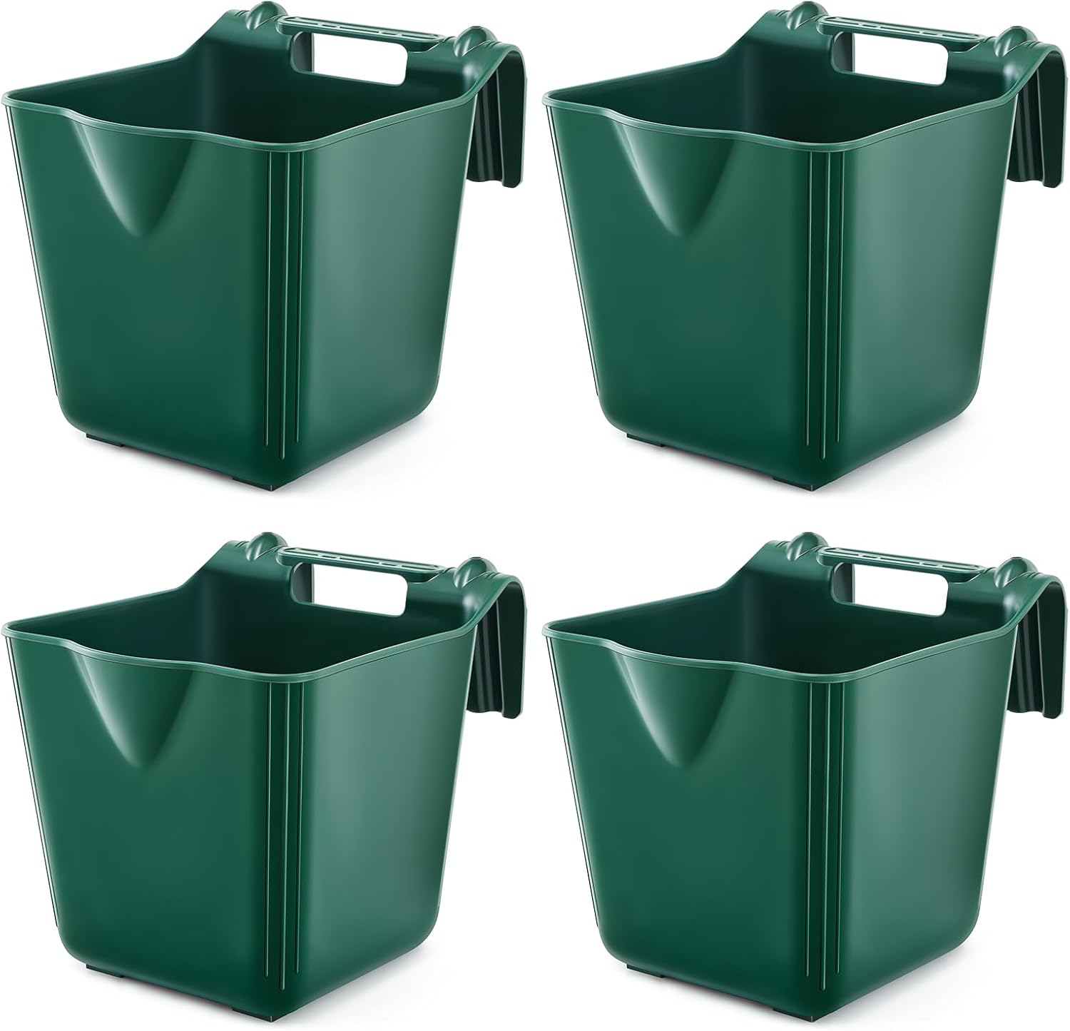 4 Pack 15 Quart Horse Feeders for Stall Hook Over Hanging Fence Hay Feeder Mountable Livestock Plastic Feed Bucket for Farm Stalls Pasture, Stable to Feed Horses Sheep Cattle Cows Etc(Green)