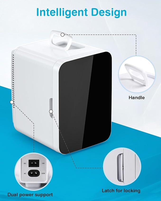 Compact Mini Fridge, Portable Small Refrigerator with AC/DC Adapters, 10 Liter / 2.6 Gal Small Cosmetics Cooler for Beverage, Food, Skincare, Bedroom, Office and Car, White