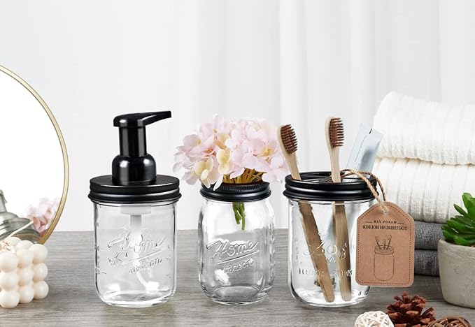 SheeChung Mason Jar Foaming Soap Dispenser, Glass Foaming Hand Soap Dispensers, Stainless Steel Lid, Refillable Foam Soap Dispenser for Bathroom Kitchen, Farmhouse Bathroom Decor (2 Pack, Black)
