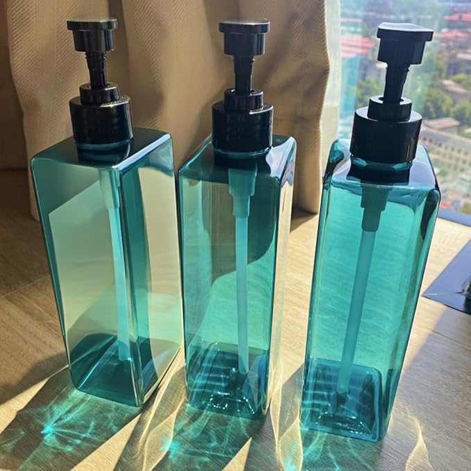 Shampoo and Conditioner Dispenser Set, 3Pack Refillable Shampoo and Conditioner Bottles with Labels, 500ml Soap Dispenser 16.9oz Shower Dispenser Square Pump Bottle for Bathroom and Kitchen - Sea Blue