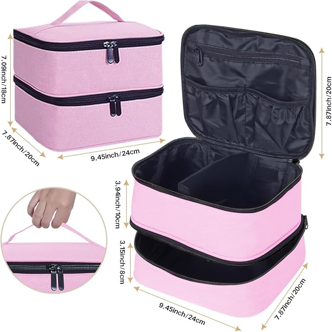 Double Layer Makeup Bag Portable Large Cosmetic Case Organizer with Adjustable Dividers Storage Travel Bag for Accessories Brushes Conditioner and Skin Care Products (Pink)