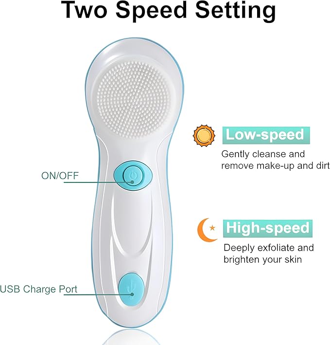 Facial Cleansing Brush, Electric Face Scrubber with 4 Cleanser Heads and 2 Speeds Adjustable for Deep Cleaning, Portable Rechargeable and Waterproof Face Wash Brush for Women & Men (Green)