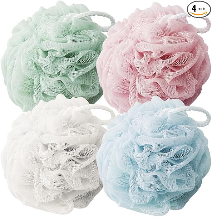Shower Loofah Sponge for Men Women Body Scrubber Bath Sponge with Hanging Rope Exfoliating Shower Pouf Dense Mesh,Rich Lather(4-Pack)