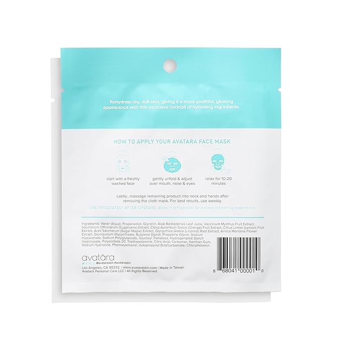 Avatara - Drink Up Facial Mask 15 Sheets, Hydrating Mask, Sheet Masks with Aloe Vera and Licorice Root, Face Mask Skincare Beauty Essential Made with Tencel Fibers, Paraben-Free, Dry Skin, 15 Pack