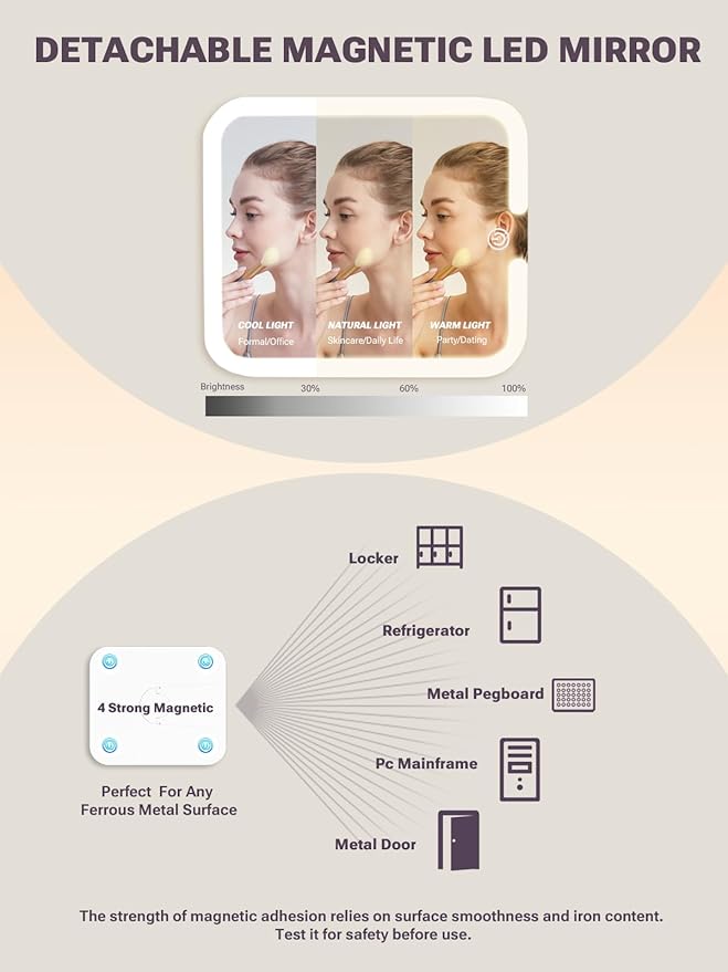 Qislee Makeup Box with Drawer and A Detachable Lighted Mirror, Waterproof Travel Train Case, Cosmetic Organizer and Makeup Suitcase with Adjustable Dividers, Magnetic LED Mirror (ICY Pink)