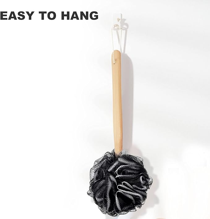 Black Loofah with Handle - Back Scrubber & Exfoliating Shower Sponge, PE Soft Mesh on a Wooden Stick for Men and Women