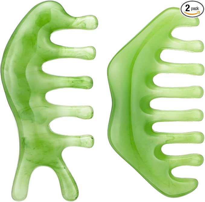 Geiserailie 2 Pcs Jade Combs Esthetician Supplies Massage Stone Hair Gua Sha Scraping Scalp Comb Facial Massage Tool Handheld Head Tools Head Caring Therapy Mother's Day for Women(Fashion Style)
