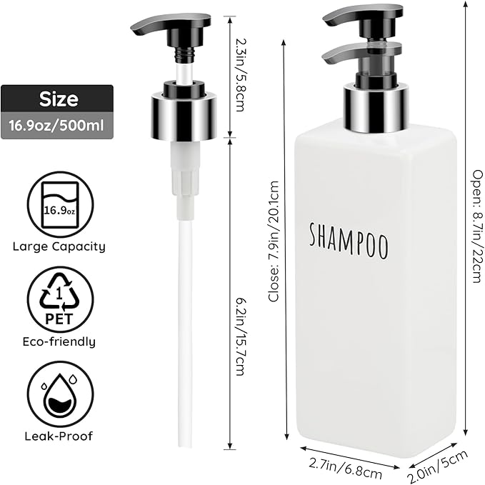Segbeauty Plastic Shampoo and Conditioner Bottles, Set of 6 Refillable Bathroom Shampoo Dispenser Set, 16.9oz Empty Square Body Wash Dispenser for Shower Bathroom, Liquid Lotion Dispenser for Kitchen