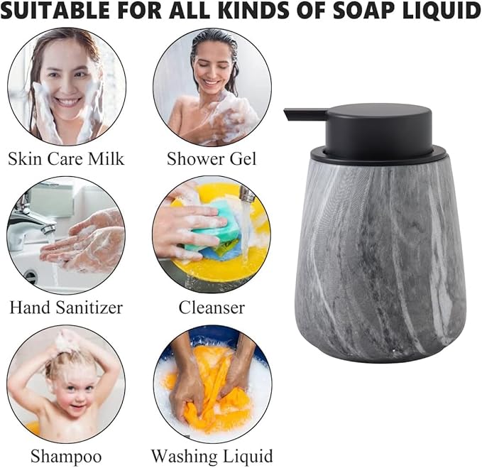 12Oz Foaming Hand Soap Dispenser - Ceramic Bathroom Foam Soap Dispenser with Easy-to-Press Black Pump, Refillable Lotion Hand Dispenser, Dish Soap Dispensers for Kitchen, Marble Grey