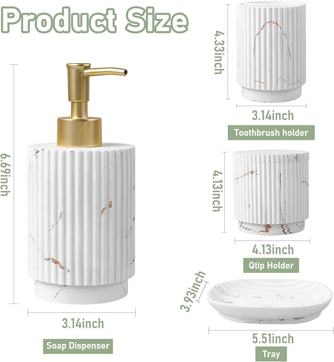 Bathroom Accessories Set 4 Pcs-Toothbrush Holders Set, Soap Dispenser, Cotton Swab Jars, Vanity Tray, Bathroom Organizer for Modern Bathrooms Decor, Gift for Home Apartment