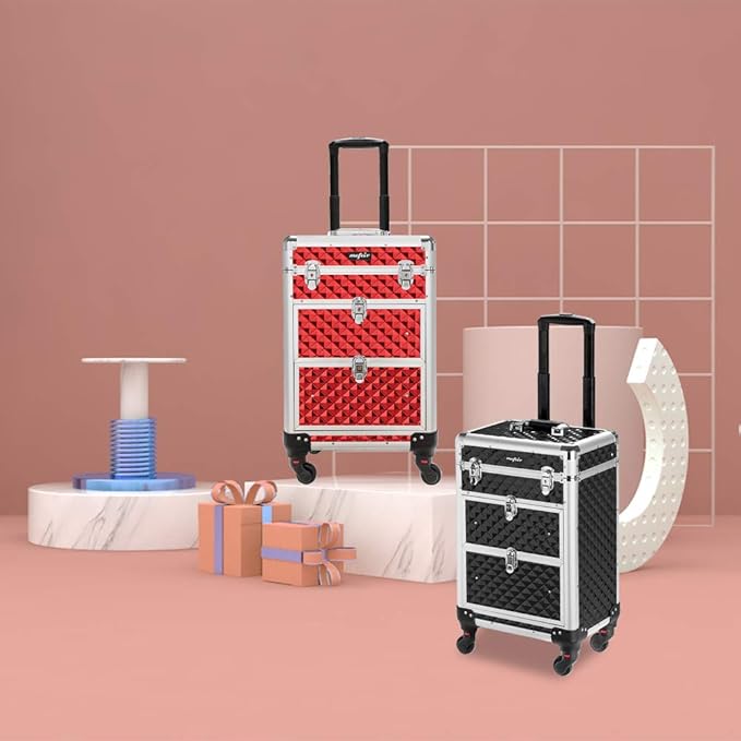 mefeir Aluminum Rolling Makeup Train Case, Portable Makeup Organizer Suitcase, Cosmetic Storage Box, Travel Beauty Luggage Trolley Lockable w/4 Removable Wheels & 2 Sliding Drawers (Red)