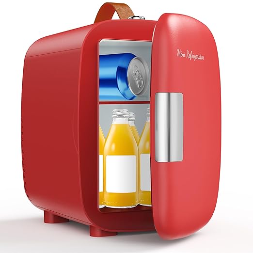 DUMOS Mini Fridge for Bedroom, 4L Compact Personal Fridge Cooler For Skincare, Drinks, And Snacks, Fits 6 Cans, Mini Refrigerator with 110V Ac/12V Dc, Ideal For Car, Dorm, Red