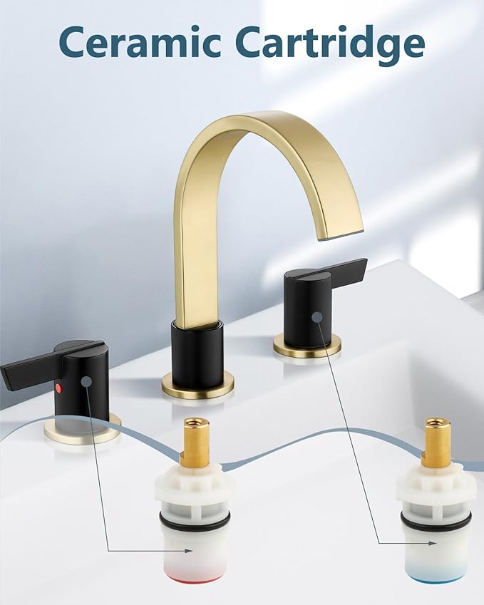 Aolemi Bathroom Faucets 3 Hole,8 Inch Widespread Waterfall Bathroom Sink Faucet,2 Handles Vanity Faucet with Pop-up Drain and Supply Hose,Brushed Gold and Matte Black