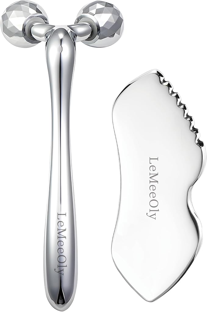 Stainless Steel Gua Sha Facial Tools Metal GuaSha Tool for Face Neck, Detailer Gua Sha Lymphatic Drainage Reduce Wrinkles Face Massage Tool, Gift for Women (Guasha & Face Roller)